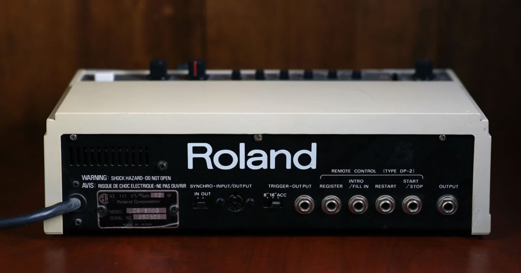 a photograph of the in/out options for the Roland CR8000 analog drum machine